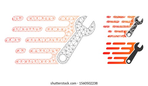 Mesh rush wrench model with triangle mosaic icon. Wire carcass polygonal mesh of rush wrench. Vector mosaic of triangle elements in different sizes, and color shades. Abstract flat mesh rush wrench,