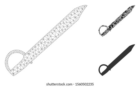 Mesh saber model with triangle mosaic icon. Wire frame triangular network of saber. Vector mosaic of triangle elements in various sizes, and color tones. Abstract flat mesh saber,