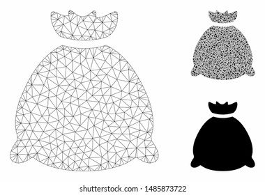 Mesh sack bag model with triangle mosaic icon. Wire carcass triangular mesh of sack bag. Vector mosaic of triangle parts in variable sizes, and color tones. Abstract flat mesh sack bag,