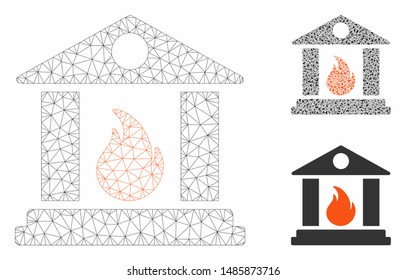 Mesh sacrificial temple fire model with triangle mosaic icon. Wire frame triangular mesh of sacrificial temple fire. Vector mosaic of triangle parts in different sizes, and color tones.