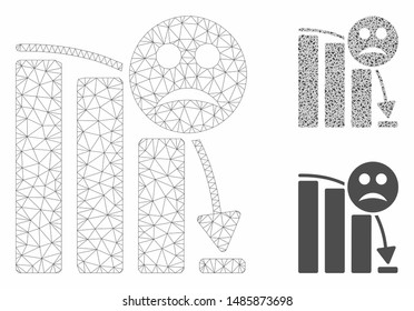 Mesh sad decline trend model with triangle mosaic icon. Wire carcass polygonal mesh of sad decline trend. Vector mosaic of triangles in various sizes, and color tones.