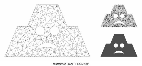 Mesh sad fortification model with triangle mosaic icon. Wire frame triangular mesh of sad fortification. Vector mosaic of triangle elements in different sizes, and color shades.