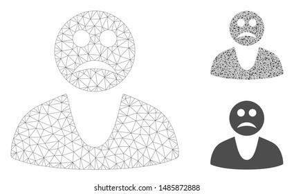 Mesh sad guy model with triangle mosaic icon. Wire carcass polygonal mesh of sad guy. Vector mosaic of triangle elements in various sizes, and color tones. Abstract flat mesh sad guy,