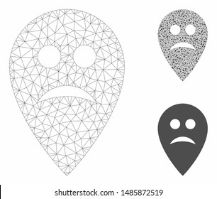 Mesh sad map marker model with triangle mosaic icon. Wire carcass triangular network of sad map marker. Vector mosaic of triangle parts in different sizes, and color hues.