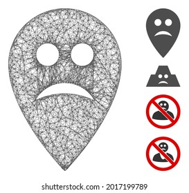 Mesh sad map marker web icon vector illustration. Model is based on sad map marker flat icon. Network forms abstract sad map marker flat model.
