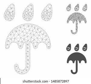 Mesh sad rain umbrella model with triangle mosaic icon. Wire frame triangular mesh of sad rain umbrella. Vector collage of triangle elements in variable sizes, and color shades.