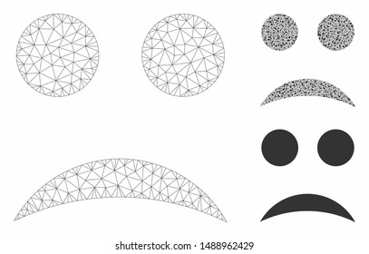 Mesh sad smiley model with triangle mosaic icon. Wire frame triangular mesh of sad smiley. Vector mosaic of triangle elements in variable sizes, and color tinges. Abstract 2d mesh sad smiley,