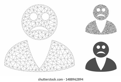 Mesh sad user model with triangle mosaic icon. Wire frame triangular mesh of sad user. Vector composition of triangles in different sizes, and color tints. Abstract flat mesh sad user,
