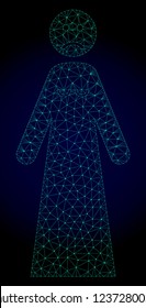 Mesh sad woman polygonal illustration. Abstract mesh lines, triangles and points on dark background with sad woman. Wire frame 2D polygonal line network in vector format on a dark blue background.