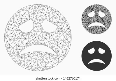 Mesh sadness smiley model with triangle mosaic icon. Wire carcass polygonal mesh of sadness smiley. Vector mosaic of triangle parts in variable sizes, and color tones. Abstract 2d mesh sadness smiley,
