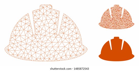 Mesh safety helmet model with triangle mosaic icon. Wire carcass triangular mesh of safety helmet. Vector mosaic of triangle elements in different sizes, and color shades.