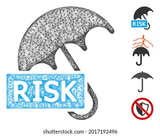 Mesh safety umbrella web 2d vector illustration. Carcass model is based on safety umbrella flat icon. Mesh forms abstract safety umbrella flat model.
