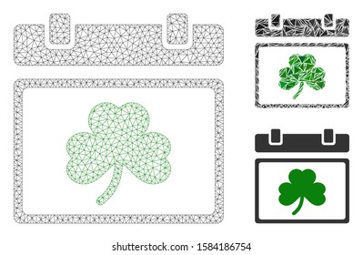 Mesh Saint Patrick calendar day model with triangle mosaic icon. Wire frame polygonal mesh of Saint Patrick calendar day. Vector collage of triangle parts in different sizes, and color tinges.