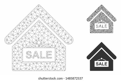 Mesh sale building model with triangle mosaic icon. Wire frame polygonal mesh of sale building. Vector composition of triangle parts in variable sizes, and color shades.