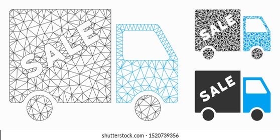 Mesh sale van model with triangle mosaic icon. Wire carcass triangular mesh of sale van. Vector mosaic of triangles in variable sizes, and color shades. Abstract 2d mesh sale van,