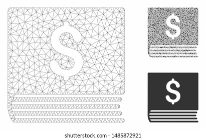 Mesh sales book model with triangle mosaic icon. Wire carcass polygonal mesh of sales book. Vector mosaic of triangle elements in different sizes, and color tones. Abstract 2d mesh sales book,