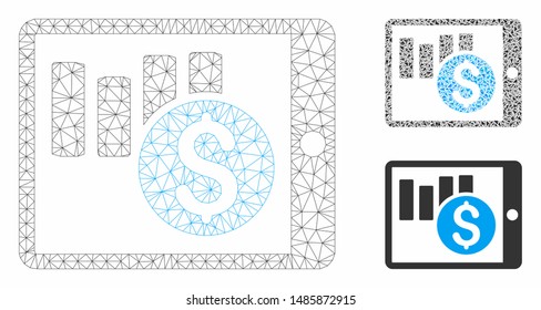 Mesh sales chart on PDA model with triangle mosaic icon. Wire frame triangular mesh of sales chart on PDA. Vector mosaic of triangle parts in different sizes, and color hues.