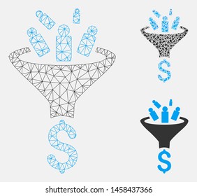 Mesh sales funnel model with triangle mosaic icon. Wire frame triangular mesh of sales funnel. Vector mosaic of triangle parts in various sizes, and color tones. Abstract 2d mesh sales funnel,