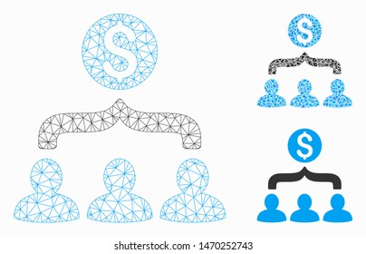 Mesh sales funnel model with triangle mosaic icon. Wire carcass polygonal mesh of sales funnel. Vector mosaic of triangle elements in variable sizes, and color shades. Abstract flat mesh sales funnel,