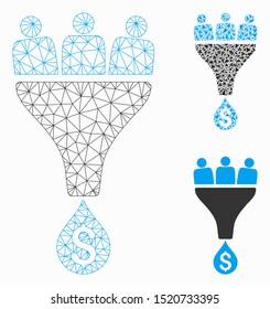Mesh sales funnel model with triangle mosaic icon. Wire carcass triangular mesh of sales funnel. Vector mosaic of triangle elements in variable sizes, and color shades. Abstract 2d mesh sales funnel,