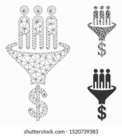 Mesh sales funnel model with triangle mosaic icon. Wire carcass polygonal mesh of sales funnel. Vector mosaic of triangle elements in variable sizes, and color tinges. Abstract 2d mesh sales funnel,