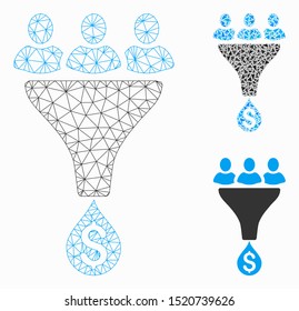 Mesh sales funnel model with triangle mosaic icon. Wire frame triangular mesh of sales funnel. Vector mosaic of triangle parts in different sizes, and color tones. Abstract 2d mesh sales funnel,