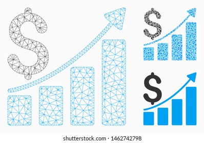 Mesh sales growth chart model with triangle mosaic icon. Wire carcass triangular mesh of sales growth chart. Vector mosaic of triangles in different sizes, and color tinges.