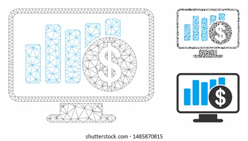 Mesh sales monitor model with triangle mosaic icon. Wire frame triangular mesh of sales monitor. Vector mosaic of triangle parts in different sizes, and color tints. Abstract 2d mesh sales monitor,