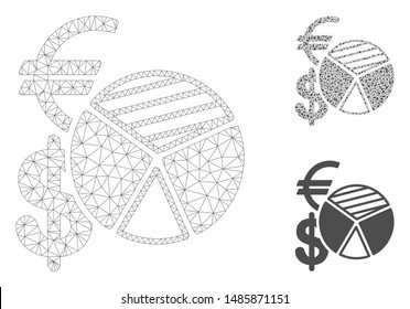 Mesh sales pie chart model with triangle mosaic icon. Wire frame polygonal mesh of sales pie chart. Vector mosaic of triangle elements in different sizes, and color tinges.