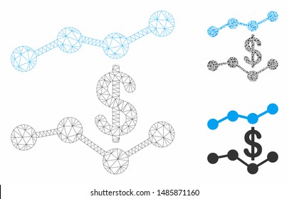 Mesh sales trends model with triangle mosaic icon. Wire carcass triangular mesh of sales trends. Vector collage of triangle parts in variable sizes, and color tinges. Abstract 2d mesh sales trends,
