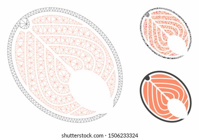 Mesh salmon fish slice model with triangle mosaic icon. Wire carcass polygonal mesh of salmon fish slice. Vector collage of triangle elements in variable sizes, and color tones.