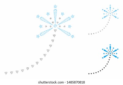 Mesh salute fireworks trace model with triangle mosaic icon. Wire frame polygonal mesh of salute fireworks trace. Vector collage of triangles in different sizes, and color tints.