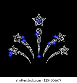 Mesh salute star fireworks icon and blue diamonds. White salute star fireworks model on a black background. Abstract wire frame mesh structure.