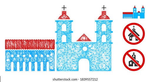 Mesh Santa Barbara mission polygonal web icon vector illustration. Model is based on Santa Barbara mission flat icon. Triangle mesh forms abstract Santa Barbara mission flat carcass.