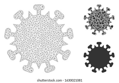 Mesh SARS virus model with triangle mosaic icon. Wire carcass polygonal mesh of SARS virus. Vector composition of triangle elements in different sizes, and color shades. Abstract 2d mesh SARS virus,