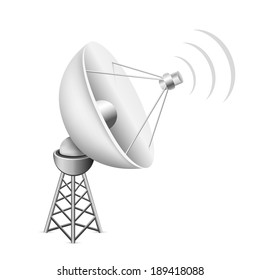 The mesh satellite antenna with construction and signal waves on the white background