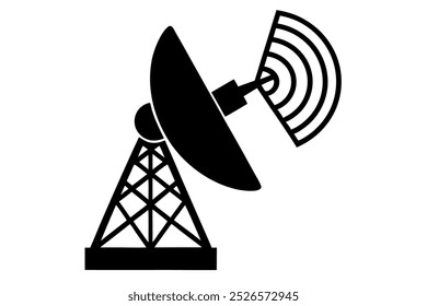 antena de satélite de malha com construção e ondas de sinal no fundo branco