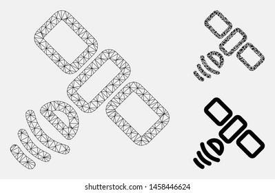 Mesh satellite model with triangle mosaic icon. Wire carcass triangular mesh of satellite. Vector mosaic of triangle elements in different sizes, and color tints. Abstract 2d mesh satellite,