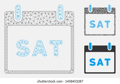 Mesh Saturday calendar page model with triangle mosaic icon. Wire frame triangular mesh of Saturday calendar page. Vector mosaic of triangle parts in various sizes, and color tints.