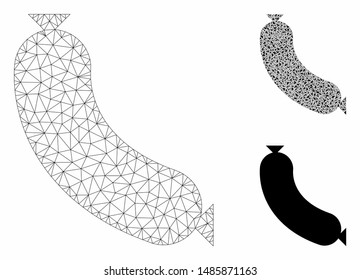 Mesh sausage model with triangle mosaic icon. Wire frame triangular mesh of sausage. Vector mosaic of triangle parts in different sizes, and color tones. Abstract flat mesh sausage,