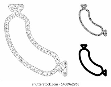 Mesh sausage model with triangle mosaic icon. Wire frame triangular mesh of sausage. Vector mosaic of triangle elements in different sizes, and color tints. Abstract flat mesh sausage,