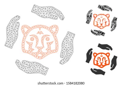 Mesh save tigers model with triangle mosaic icon. Wire carcass triangular mesh of save tigers. Vector mosaic of triangle elements in different sizes, and color tones. Abstract flat mesh save tigers,