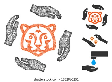 Mesh save tigers polygonal web 2d vector illustration. Model is based on save tigers flat icon. Triangle mesh forms abstract save tigers flat carcass.