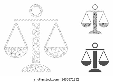 Mesh scales balance model with triangle mosaic icon. Wire carcass polygonal mesh of scales balance. Vector mosaic of triangles in various sizes, and color tints. Abstract 2d mesh scales balance,