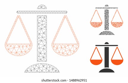 Mesh scales model with triangle mosaic icon. Wire frame polygonal network of scales. Vector mosaic of triangle elements in variable sizes, and color tones. Abstract flat mesh scales,