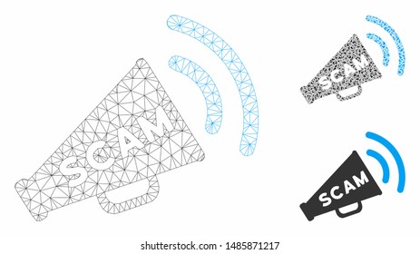 Mesh scam alert megaphone model with triangle mosaic icon. Wire carcass polygonal mesh of scam alert megaphone. Vector composition of triangle elements in variable sizes, and color tints.