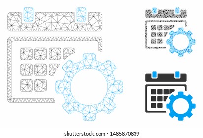 Mesh schedule options model with triangle mosaic icon. Wire frame triangular mesh of schedule options. Vector composition of triangles in variable sizes, and color tints.