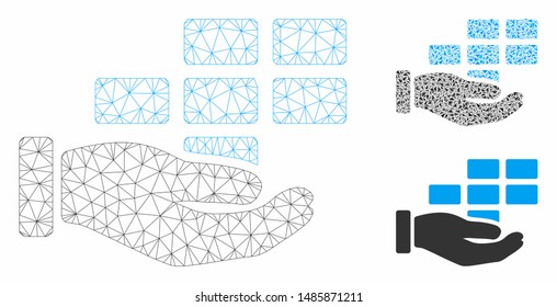Mesh schedule service hand model with triangle mosaic icon. Wire carcass polygonal network of schedule service hand. Vector mosaic of triangle parts in variable sizes, and color tinges.