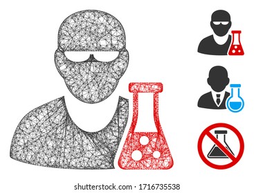 Mesh scientist with flask polygonal web 2d vector illustration. Model is based on scientist with flask flat icon. Triangular net forms abstract scientist with flask flat model.