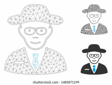 Mesh scientist model with triangle mosaic icon. Wire frame triangular mesh of scientist. Vector mosaic of triangle parts in different sizes, and color tinges. Abstract flat mesh scientist,